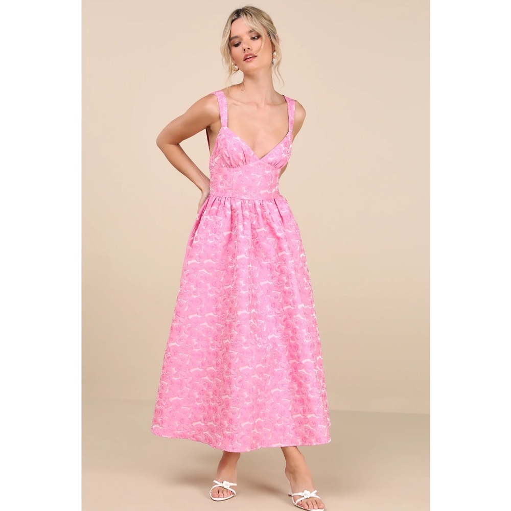 NWT Rudra Pink Floral Jacquard A-Line Backless Midi Dress